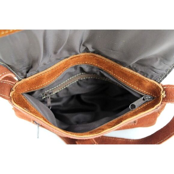 HANDCRAFTED BROWN GENUINE LEATHER SUEDE EMBROIDERY FLAP XBODY PURSE SHOULDER BAG - Picture 12 of 16